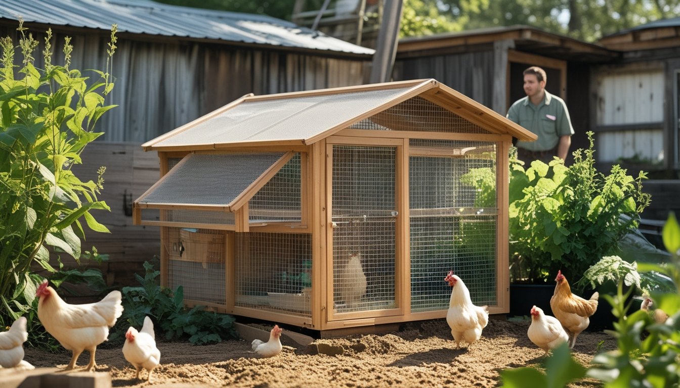 Kandang ayam sederhana yang bersih di halaman belakang dengan beberapa ayam berkeliaran dan seorang petani memeriksa kandang.
