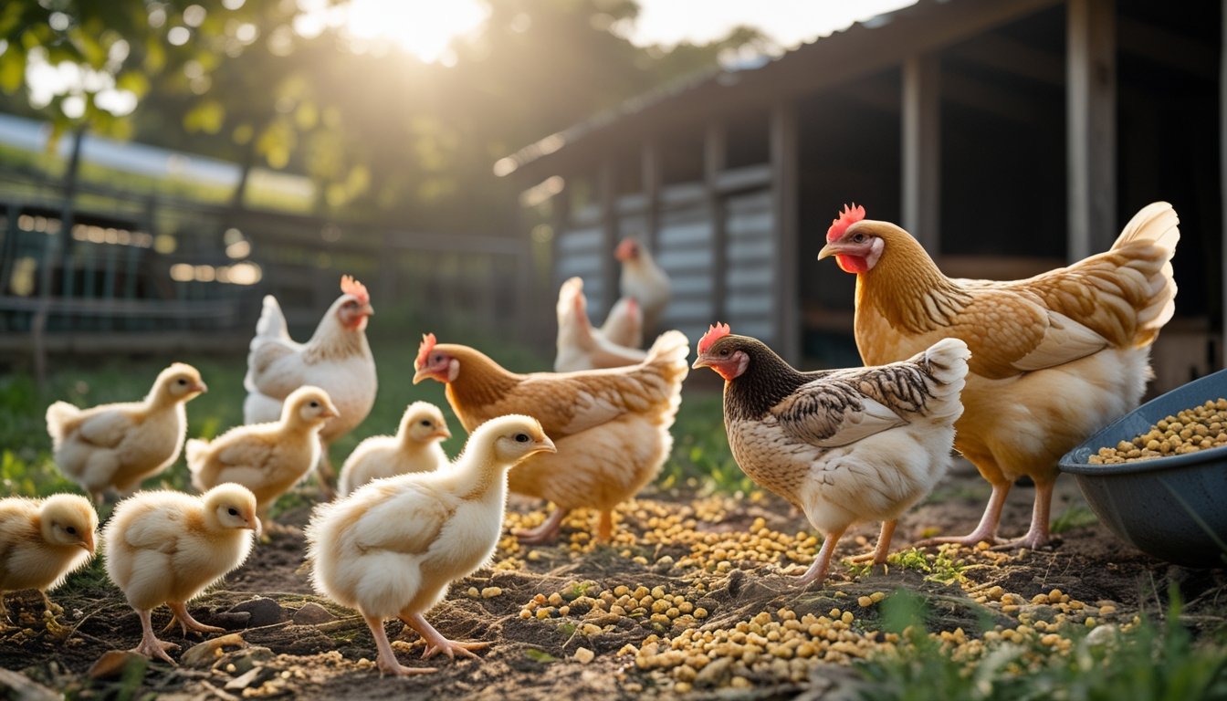 Beberapa ayam kampung dari anak ayam hingga dewasa sedang makan di area peternakan dengan kandang dan rumput hijau di latar belakang.