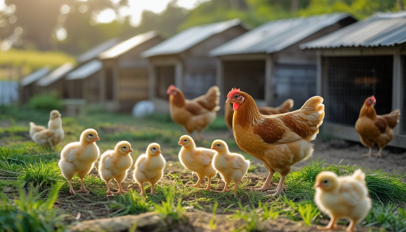 Berbagai tahap pertumbuhan ayam kampung dari anak ayam hingga dewasa di peternakan terbuka.