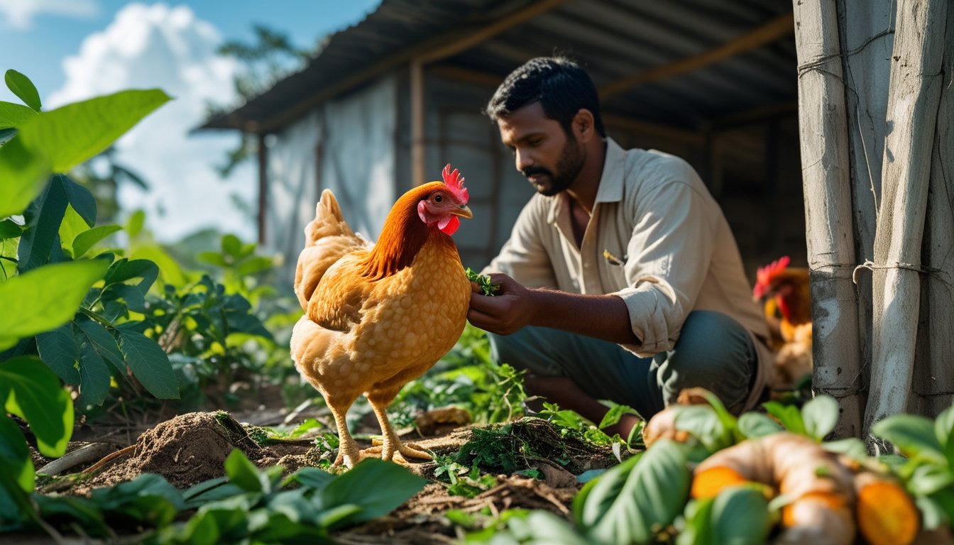 Seekor ayam kampung yang sehat di lingkungan peternakan alami dengan seorang petani merawatnya dan tanaman obat di sekitar.
