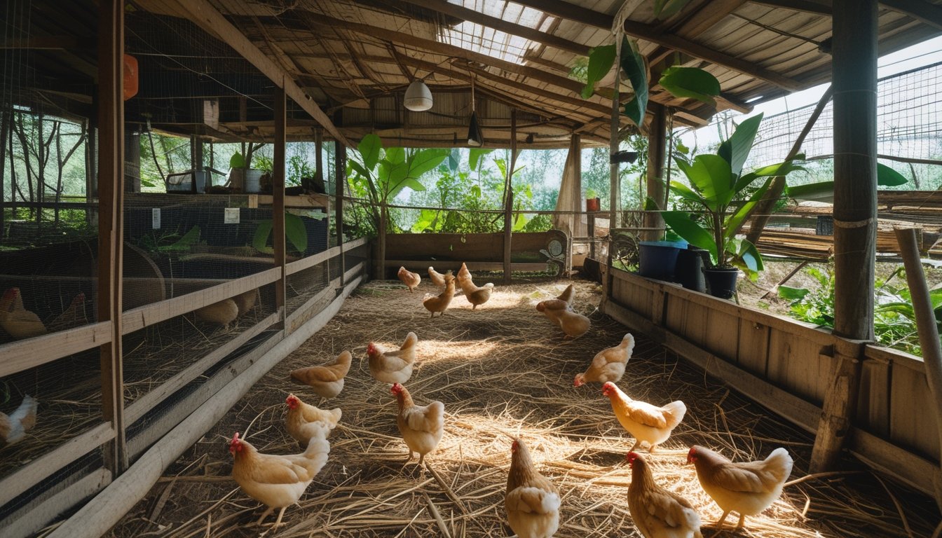 Kandang ayam kampung yang bersih dan terawat dengan ayam sehat di dalam dan sekitarnya, dikelilingi tanaman hijau.