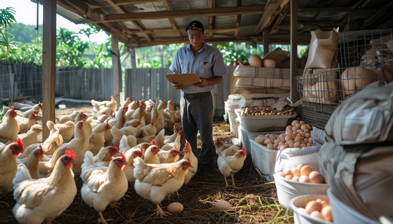 Seorang petani di kandang ayam kampung sedang mencatat data keuangan usaha ternak ayam dengan latar belakang ayam dan peralatan pertanian.