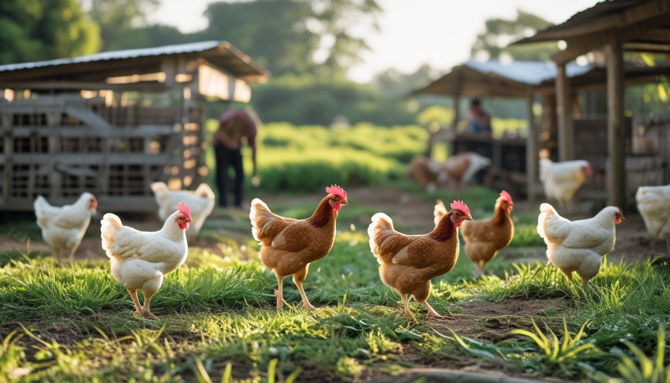 Beberapa ayam kampung organik berjalan di lahan hijau dengan petani yang merawat mereka di peternakan.