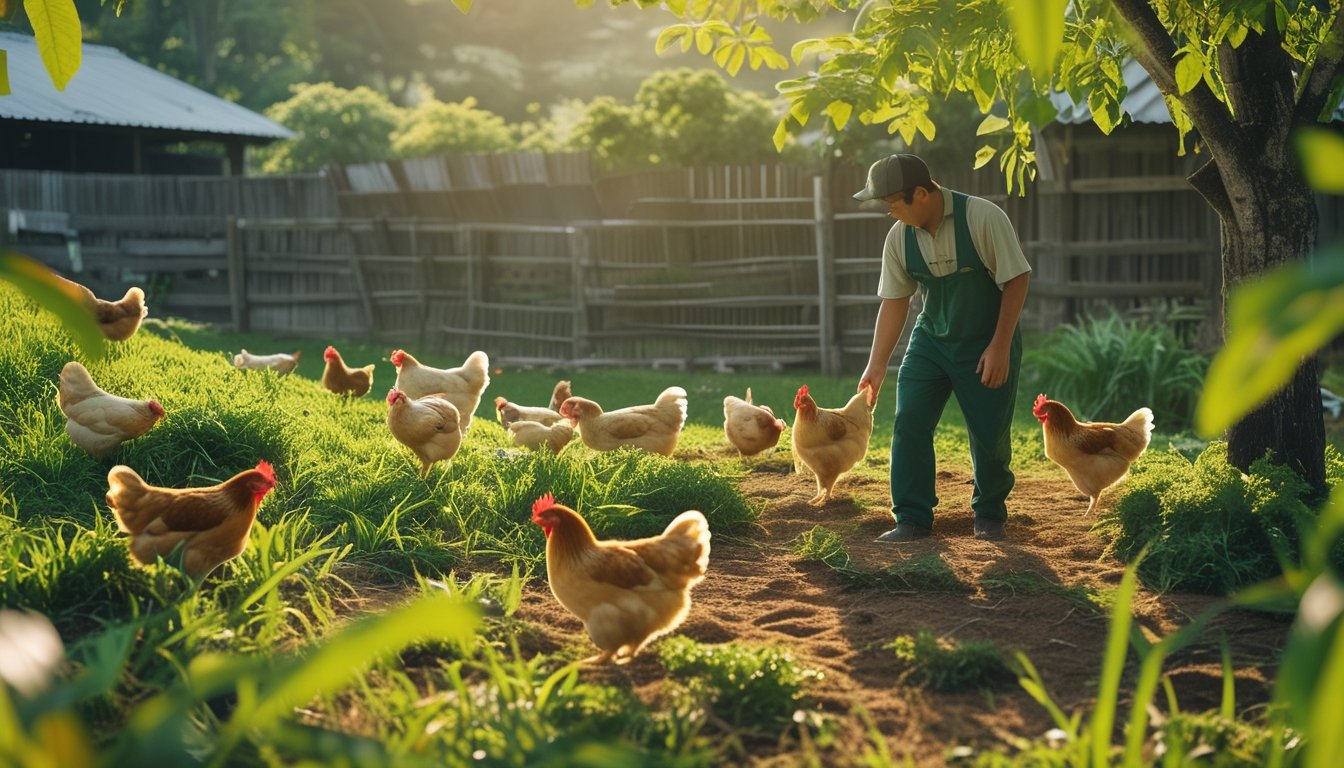 Petani sedang memegang ayam kampung di area peternakan terbuka dengan ayam ayam lain berkeliaran di sekitar rumput hijau.