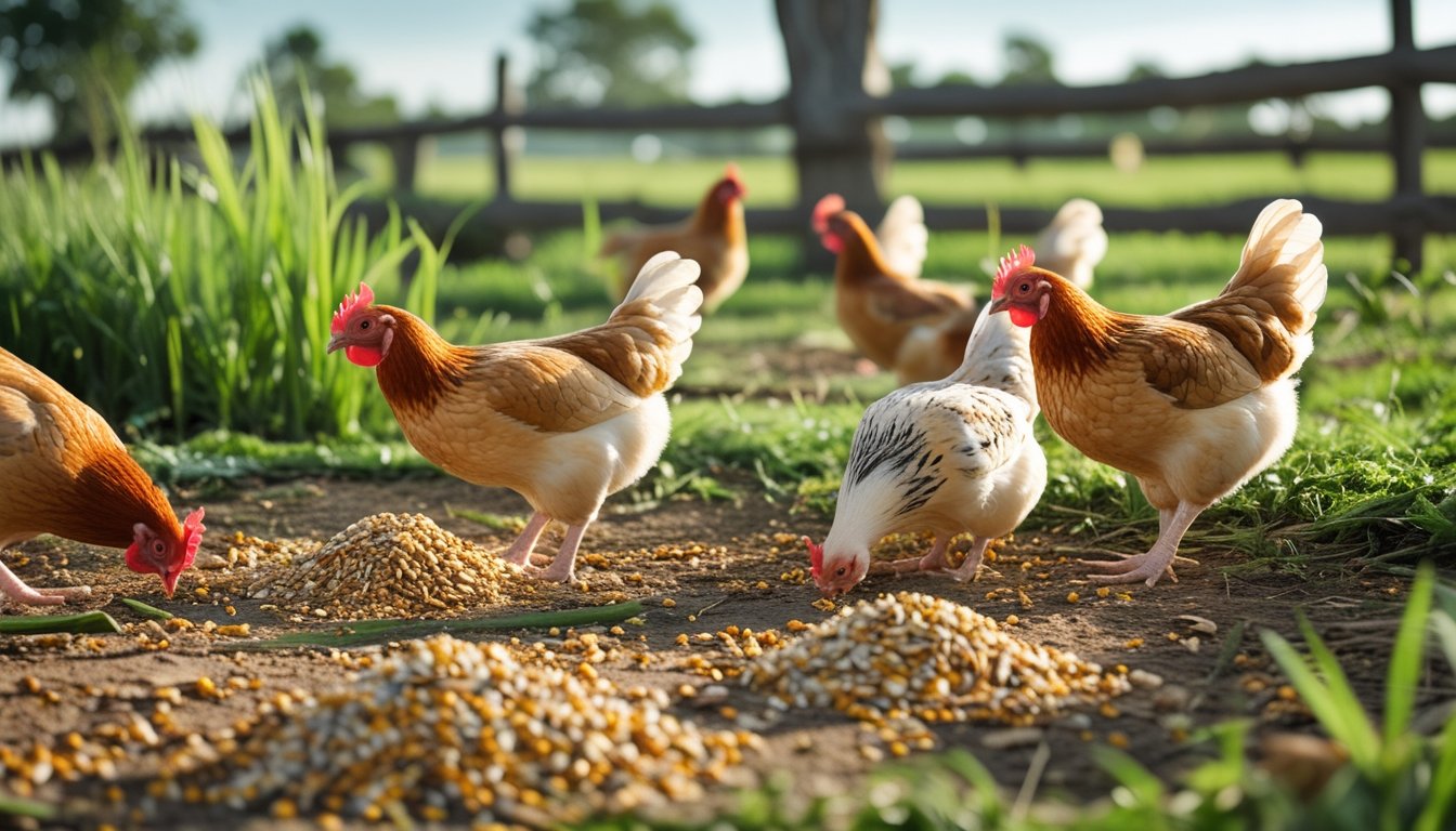 Beberapa ayam kampung sedang makan pakan alami di halaman rumput hijau dengan pagar kayu di latar belakang.