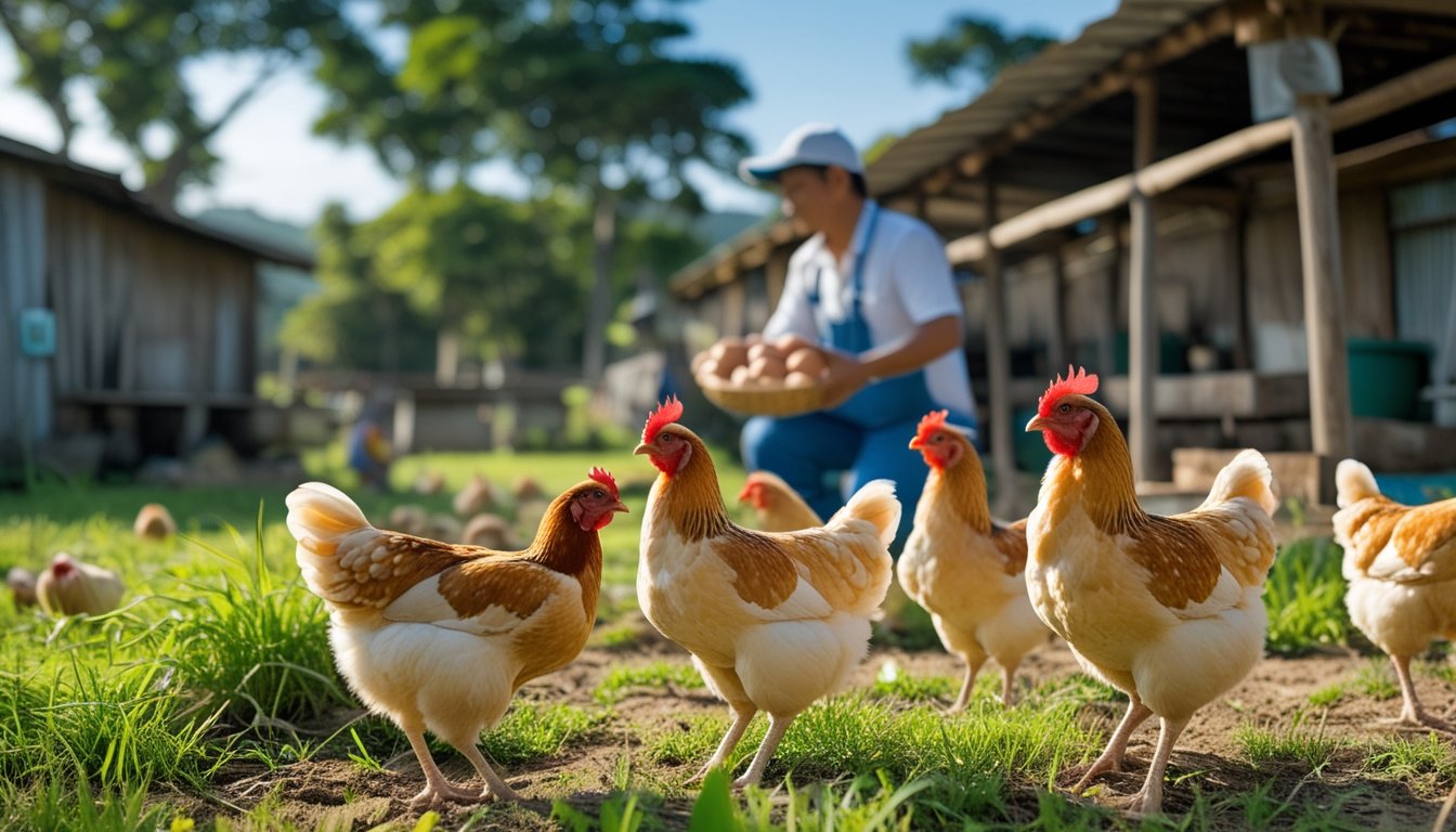 Peternakan ayam kampung dengan ayam berkeliaran di halaman hijau dan seorang petani memegang keranjang telur segar.