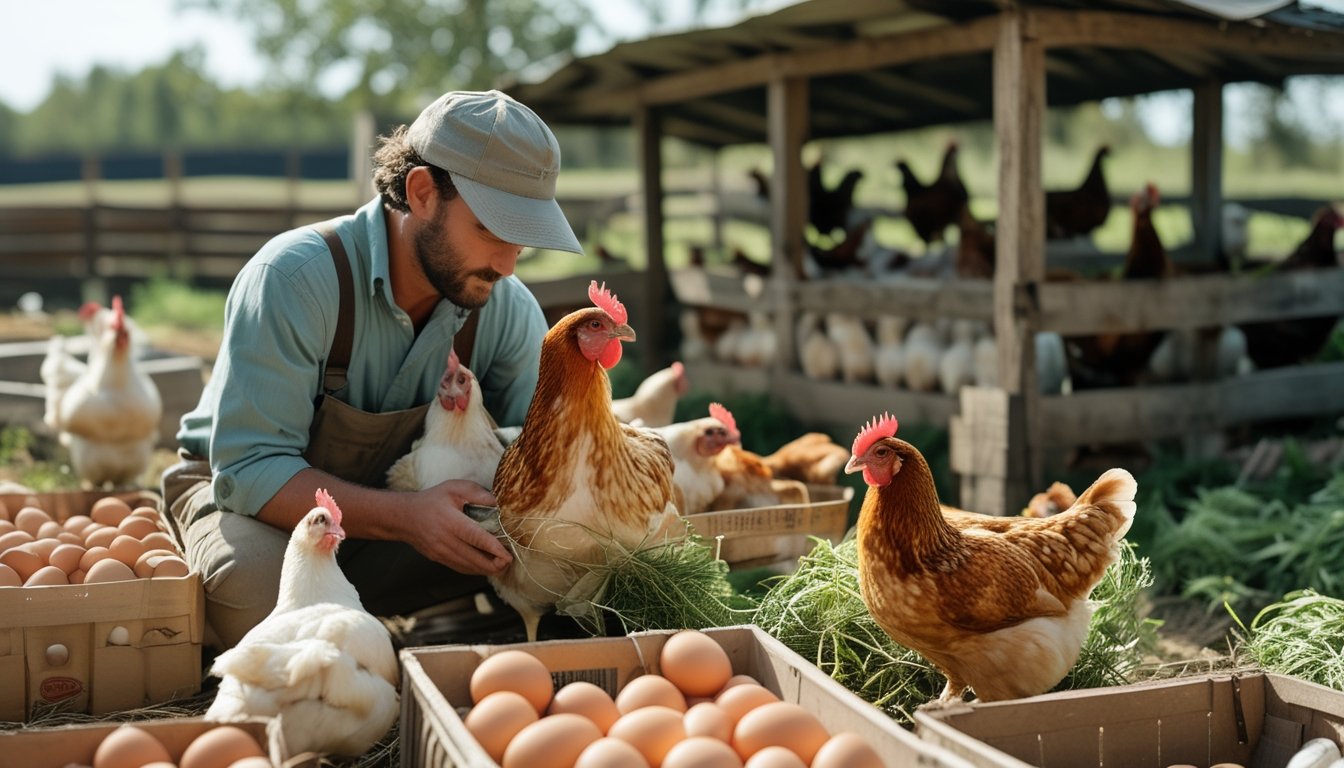 Seorang petani sedang memegang ayam kampung di pasar tradisional dengan keranjang berisi telur dan ayam di sekitarnya.
