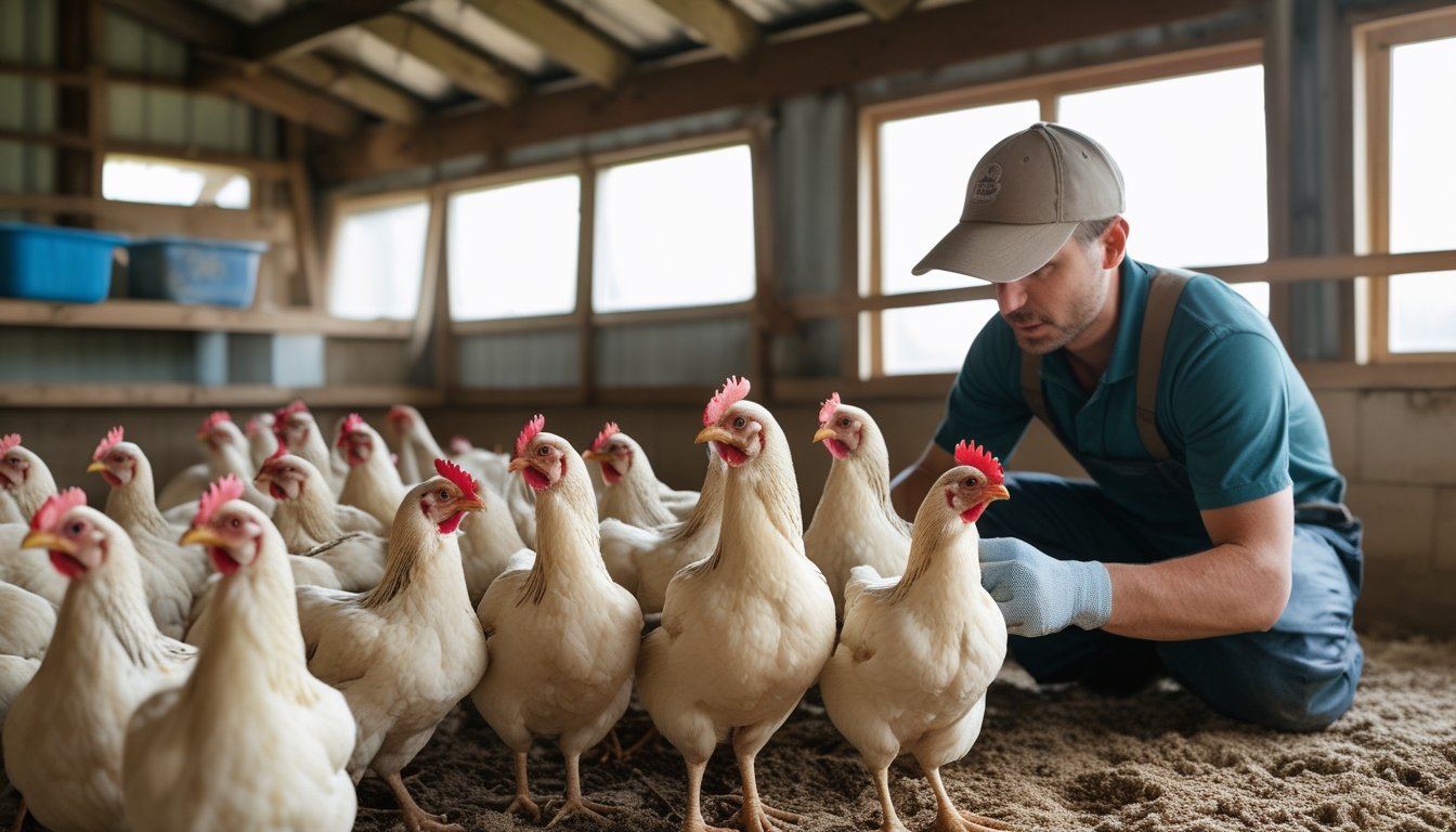 Seorang peternak ayam sedang memeriksa ayam di dalam kandang ayam yang bersih dan terawat.