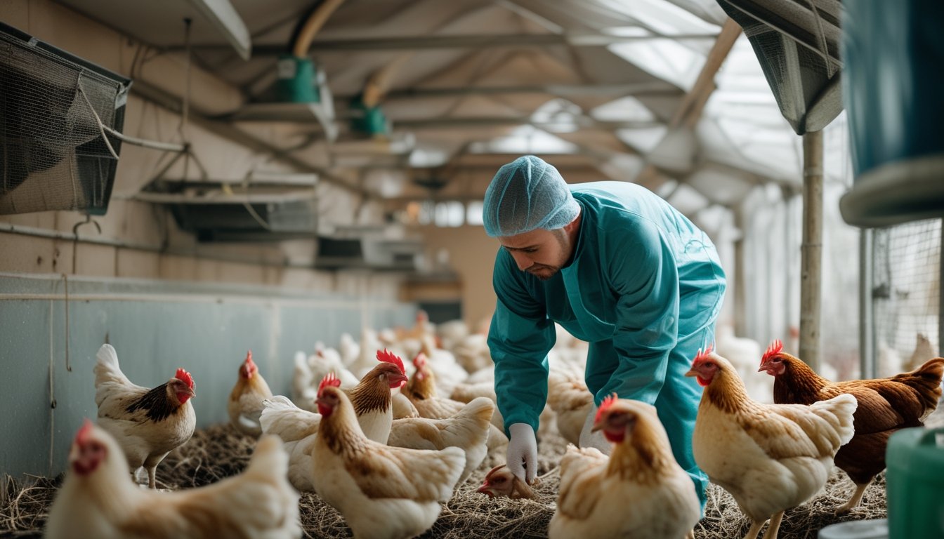 Peternak ayam memeriksa ayam di dalam kandang yang bersih dan terawat dengan baik.