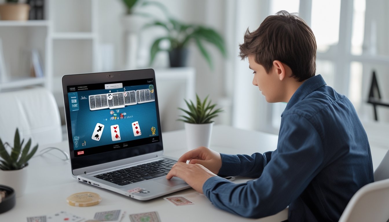 Seorang pemula sedang belajar bermain poker online di depan laptop dengan chip dan kartu poker di meja.