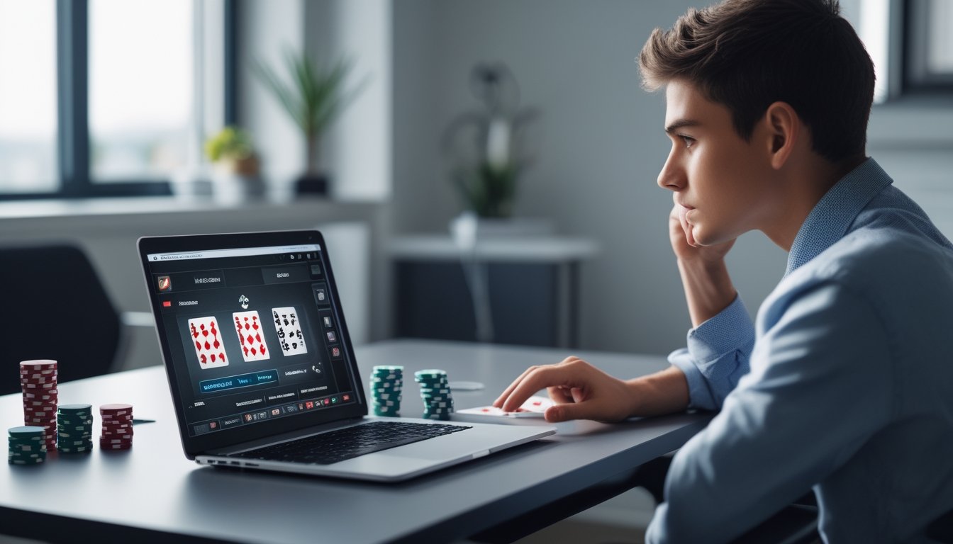 Seorang pemula sedang belajar bermain poker online di depan laptop dengan tumpukan chip dan kartu di meja.