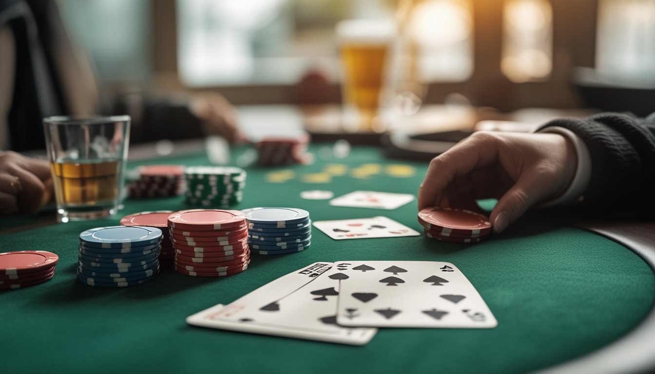 Meja poker dengan tumpukan chip warna-warni dan kartu bermain di atasnya, suasana santai untuk bermain poker Texas Hold’em.