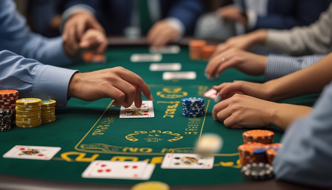 Meja poker dengan kartu dan tumpukan chip, serta tangan pemain yang sedang bermain.