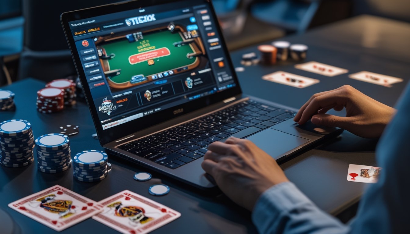 Seorang pemain poker online fokus menggunakan laptop dengan tumpukan chip dan kartu di meja permainan.