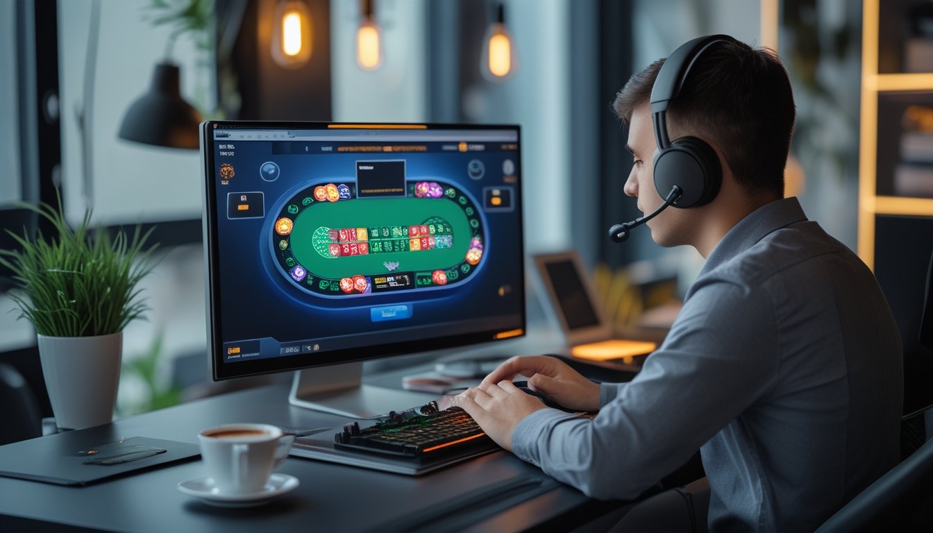 Seorang pemain muda duduk di depan komputer dengan meja poker digital di layar, tampak fokus dan serius dalam bermain poker online.
