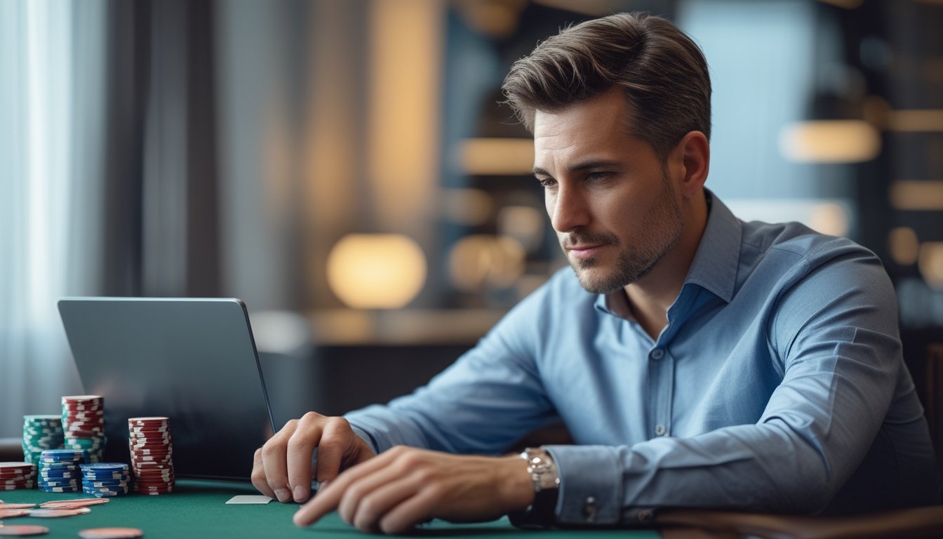 Seorang pria dewasa duduk di meja poker modern, mengatur chip dan kartu dengan fokus dan tenang.