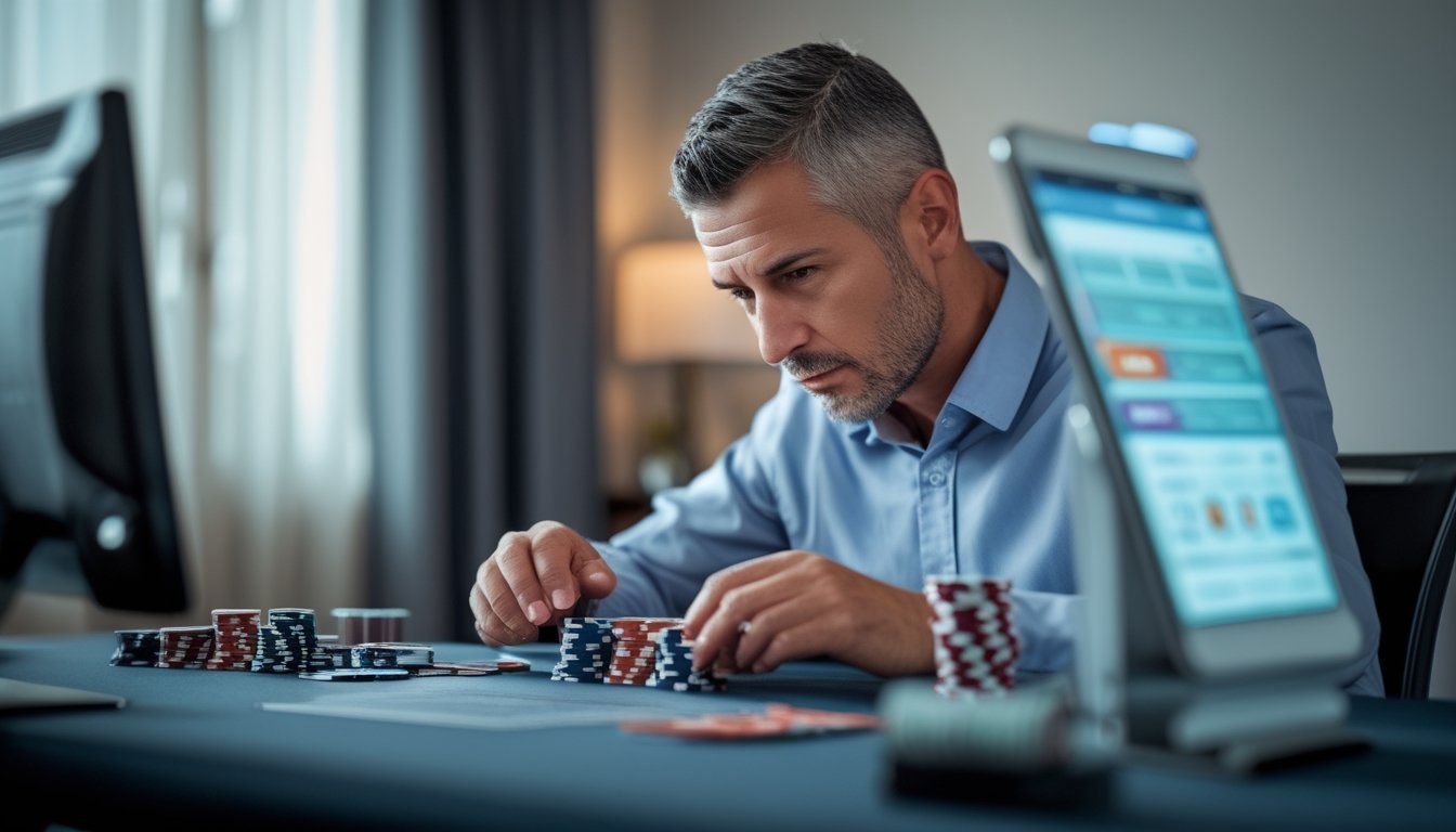 Seorang pria dewasa duduk di meja poker, mengatur chip dan uang dengan ekspresi fokus dan tenang.