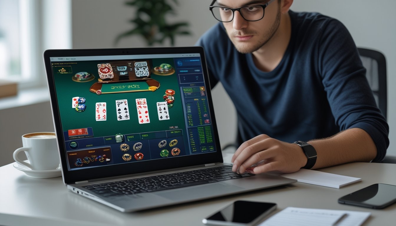 Seorang pemain muda sedang fokus bermain poker online di laptop di meja kerja dengan kartu dan chip poker di layar.
