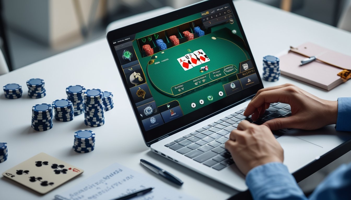 Seorang pemain poker online sedang belajar pola permainan lawan dengan laptop, kartu, dan catatan di atas meja.