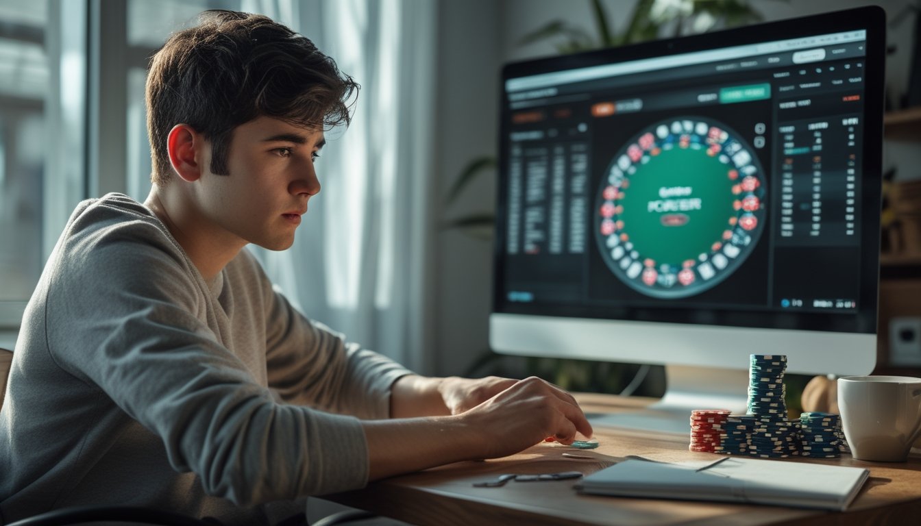 Seorang pria muda duduk di depan laptop bermain poker online dengan ekspresi fokus dan sedikit frustrasi di sebuah ruangan yang nyaman.