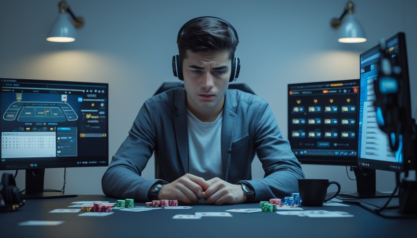 Seorang pria muda duduk di depan beberapa layar komputer yang menampilkan permainan poker online, dengan ekspresi fokus dan sedikit kecewa, di ruang kerja modern dengan chip poker dan kartu di meja.