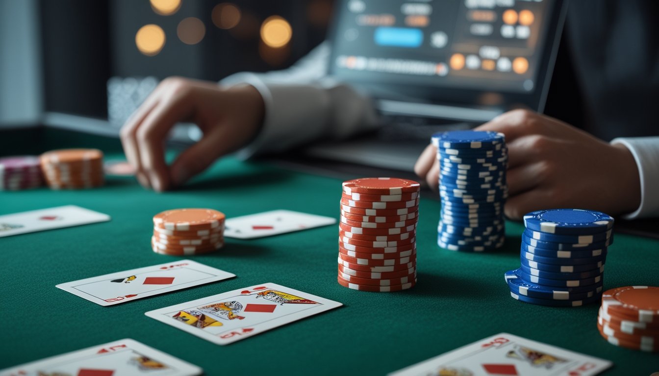 Meja poker dengan kartu kombinasi menang dan tumpukan chip, serta layar perangkat yang menampilkan permainan poker online.