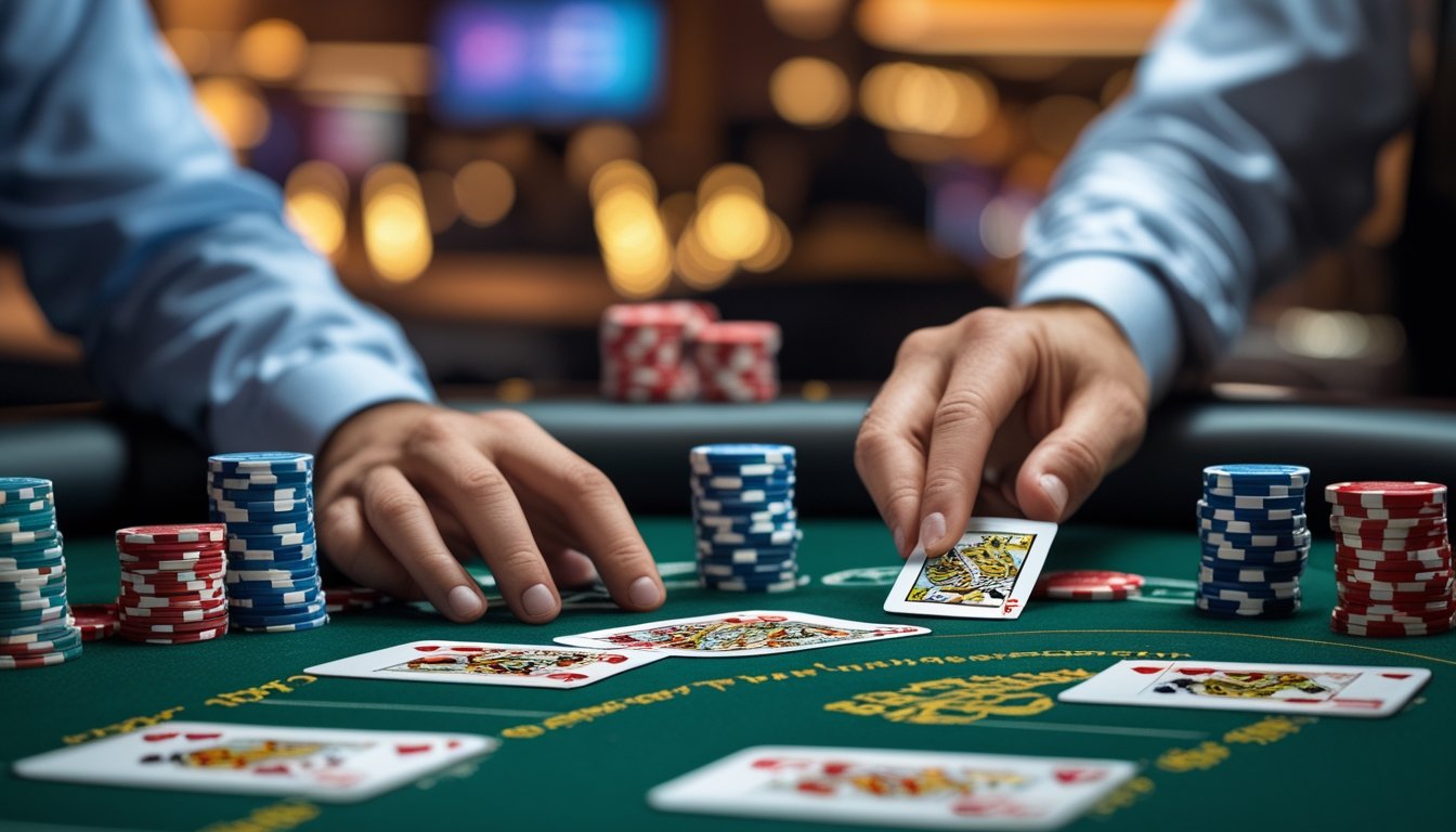 Tampilan dekat meja poker dengan kartu dan tumpukan chip, menunjukkan suasana permainan poker.