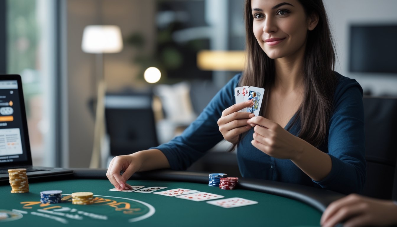 Seorang wanita muda duduk di meja poker dengan kartu dan chip, tampak fokus dan percaya diri saat bermain poker online.