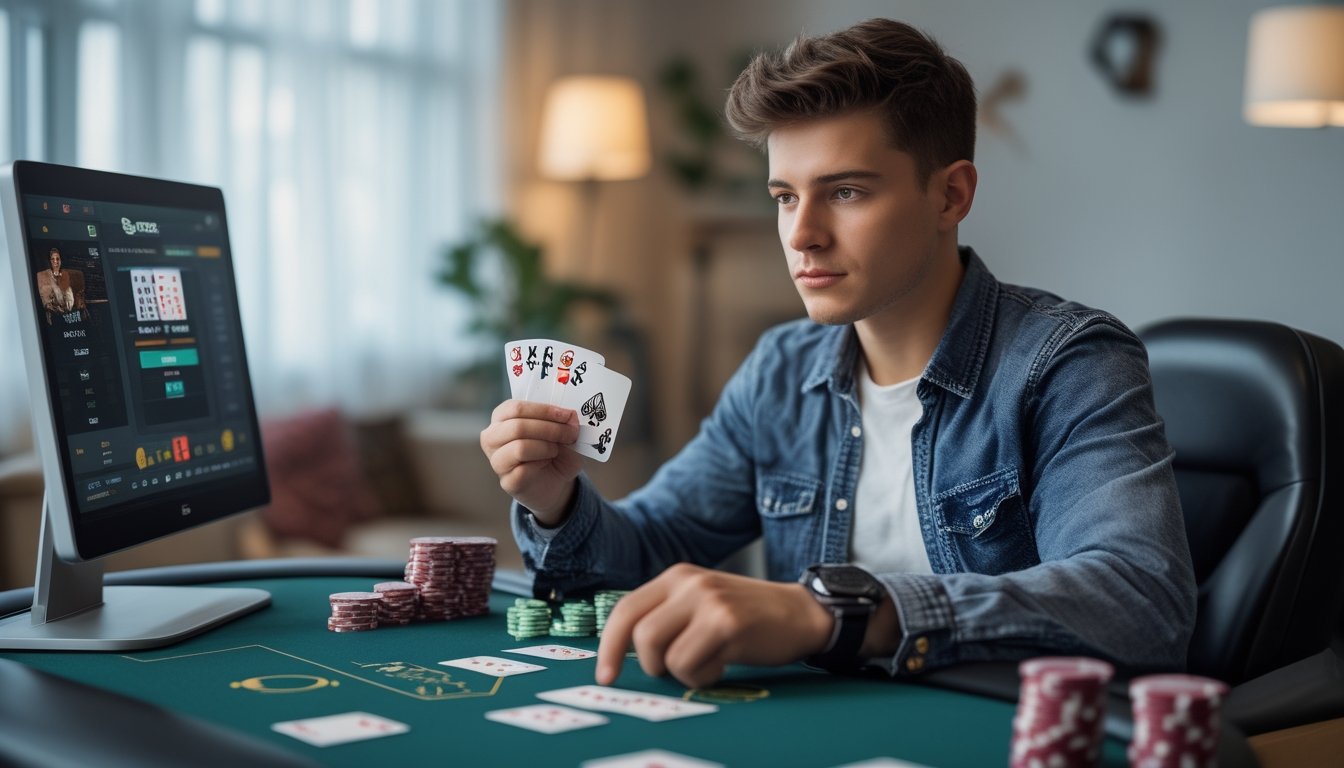 Seorang pria muda duduk di meja poker dengan kartu dan chip, tampak fokus dan percaya diri dalam suasana ruangan yang nyaman.