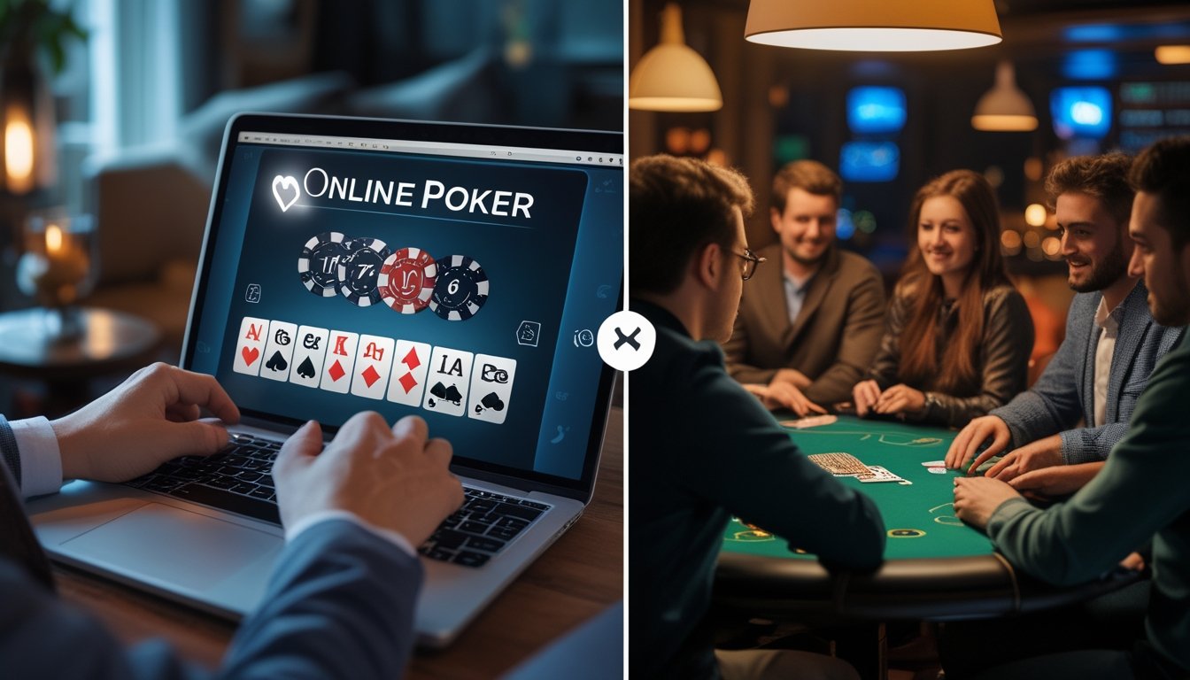 Seseorang bermain poker online di laptop di rumah di sebelah kiri, dan sekelompok orang bermain poker tradisional di meja fisik di sebelah kanan.