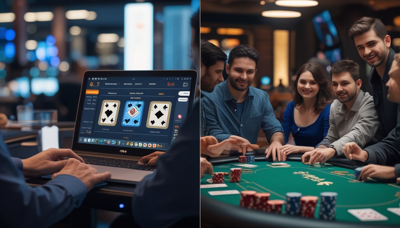 Seseorang bermain poker online di laptop di satu sisi dan sekelompok orang bermain poker tradisional di meja kasino di sisi lain.