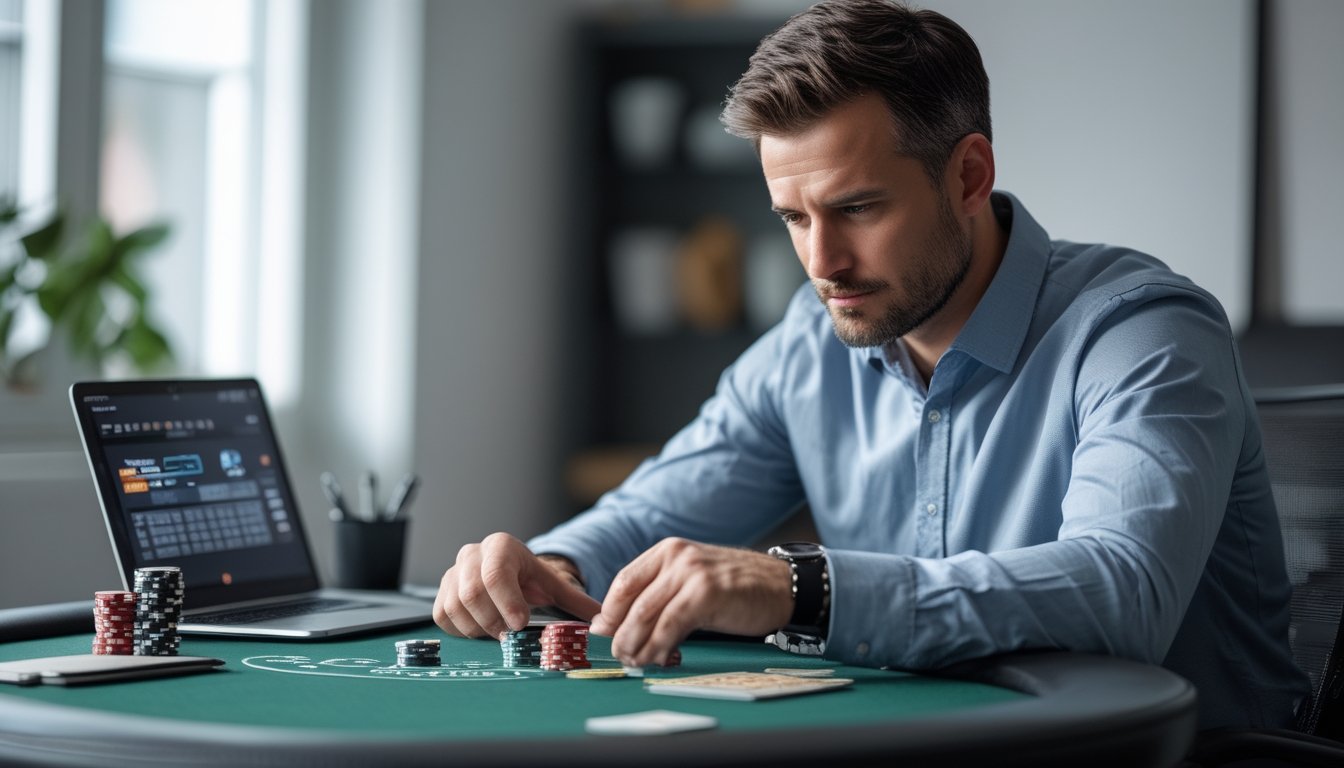 Seorang pria dewasa sedang duduk di meja poker, mengatur chip dan kartu dengan fokus, di depan laptop yang menampilkan permainan poker.