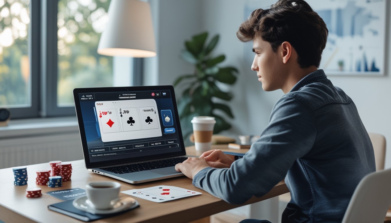 Seorang pemula bermain poker online di laptop di ruang kerja rumah dengan kartu dan chip poker di meja.