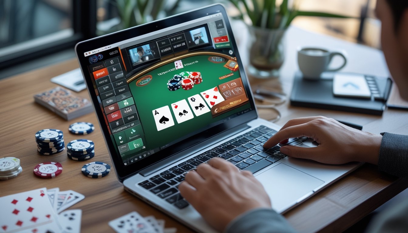 Seorang pemula belajar bermain poker online dengan laptop yang menampilkan permainan poker dan perlengkapan poker di meja.