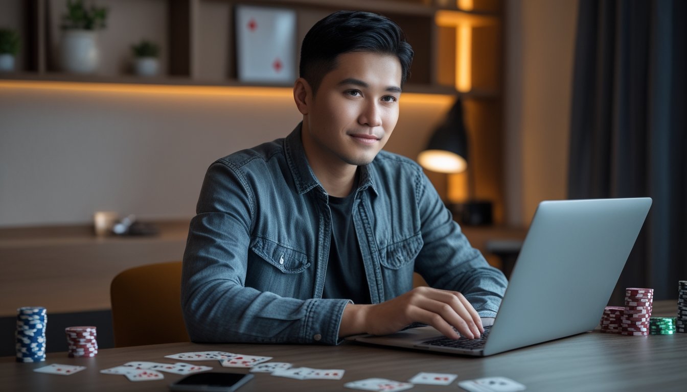 Seorang pria Indonesia duduk di depan laptop dengan kartu remi dan chip poker di meja, tampak fokus bermain poker online di ruangan yang nyaman.