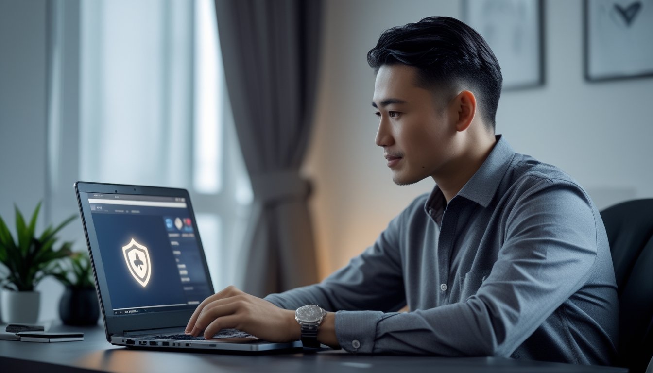 Seorang pria Indonesia duduk di meja modern menggunakan laptop untuk bermain poker online di ruangan rumah yang terang dan rapi.