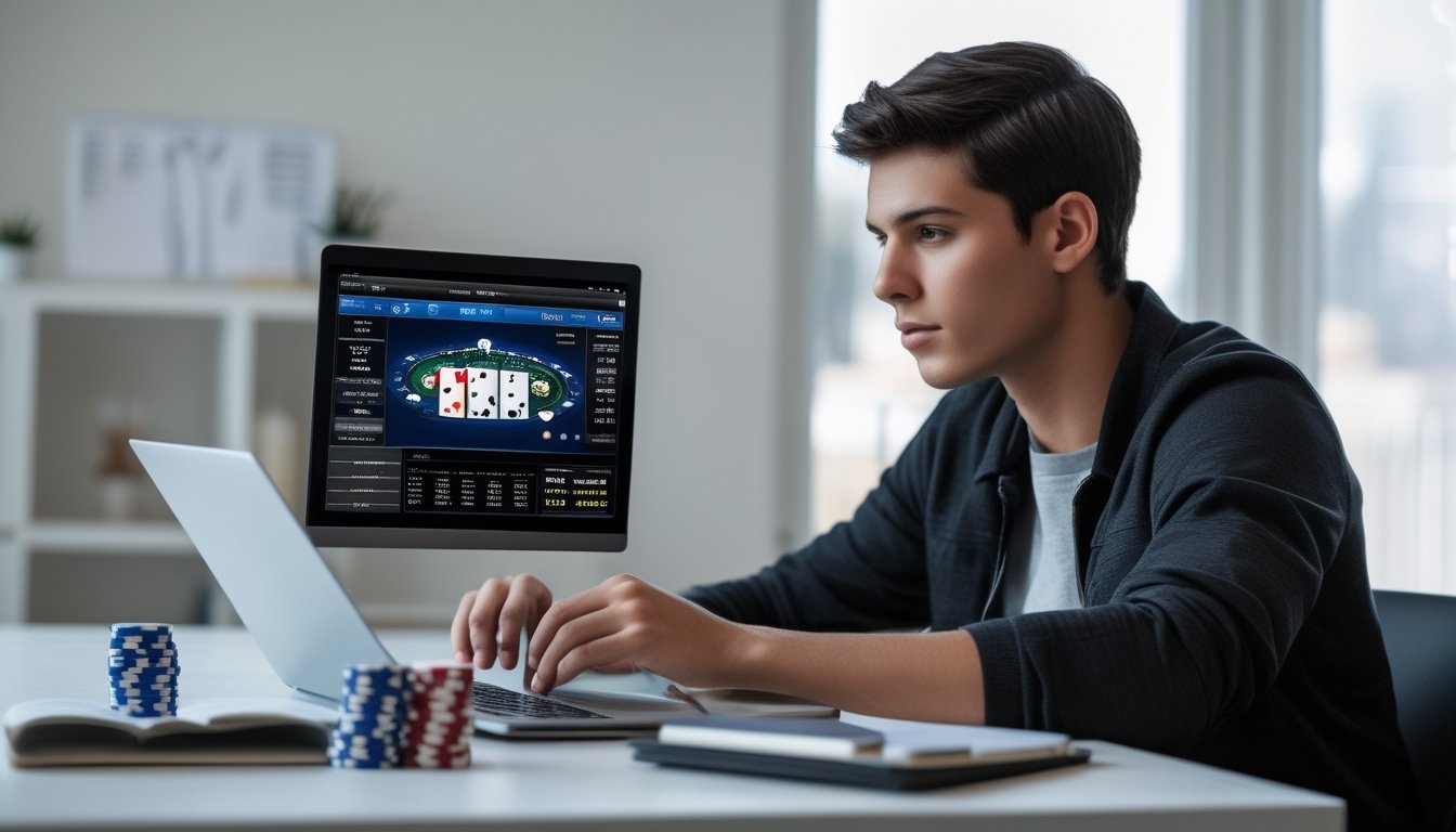 Seorang dewasa muda duduk di meja dengan laptop yang menampilkan permainan poker online, dikelilingi oleh tumpukan chip poker dan ponsel, fokus pada strategi permainan.