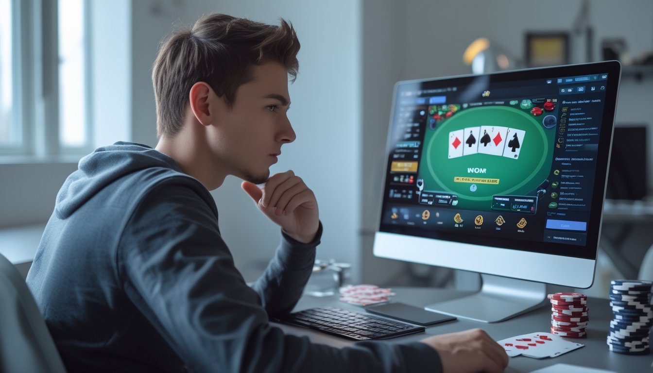 Seorang pria muda sedang duduk di depan laptop yang menampilkan permainan poker online, dengan chip poker dan kartu di meja, tampak fokus dan berpikir.