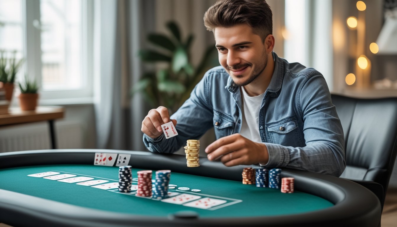 Seorang pria muda duduk di meja poker dengan tumpukan chip kecil dan kartu bermain di ruangan yang terang dan nyaman.