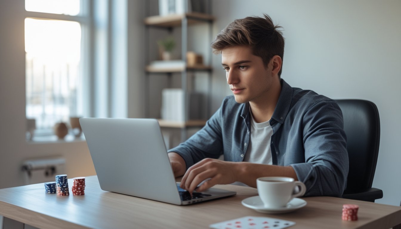 Seorang dewasa muda sedang bermain poker online di laptop di ruang kerja rumah yang nyaman dengan chip poker dan kartu di meja.