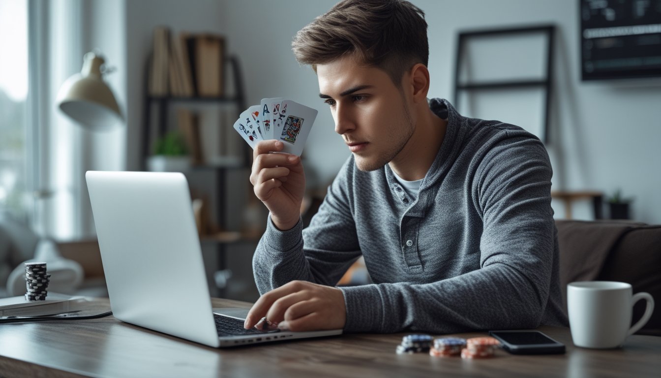 Seorang pria muda sedang bermain poker online dengan serius di depan laptop di ruangan yang nyaman.