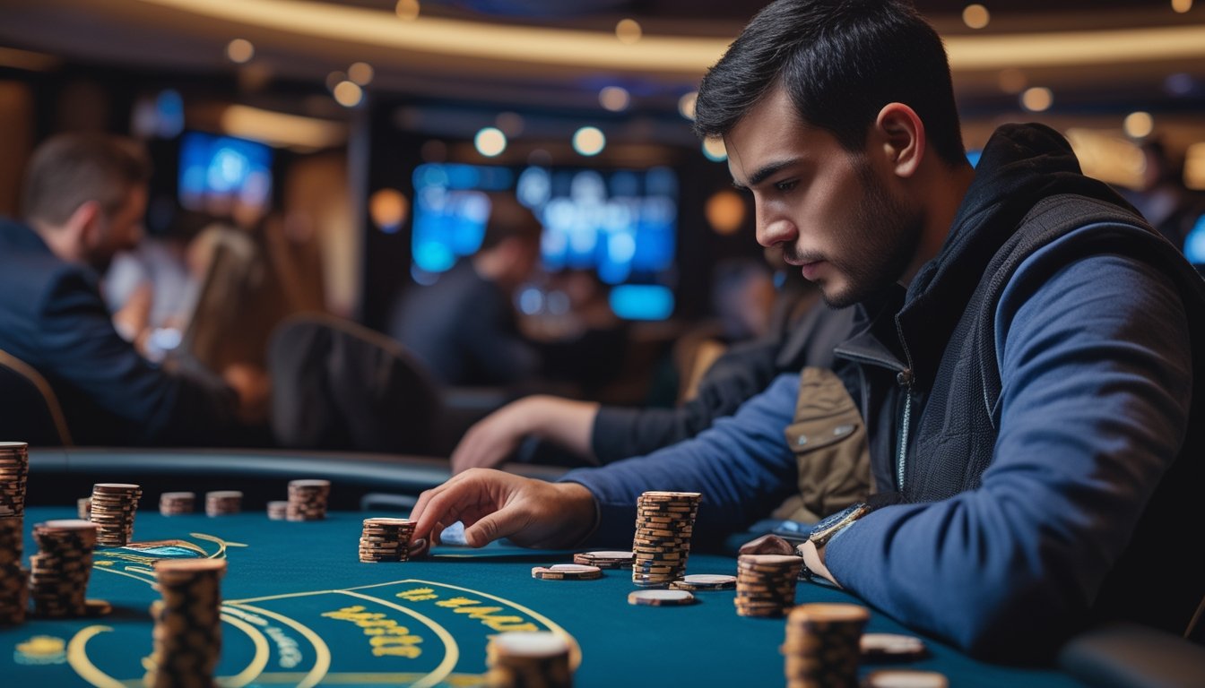 Seorang pemain poker sedang duduk di meja poker dengan tumpukan chip, fokus menganalisis kartu di tangannya di dalam kasino.