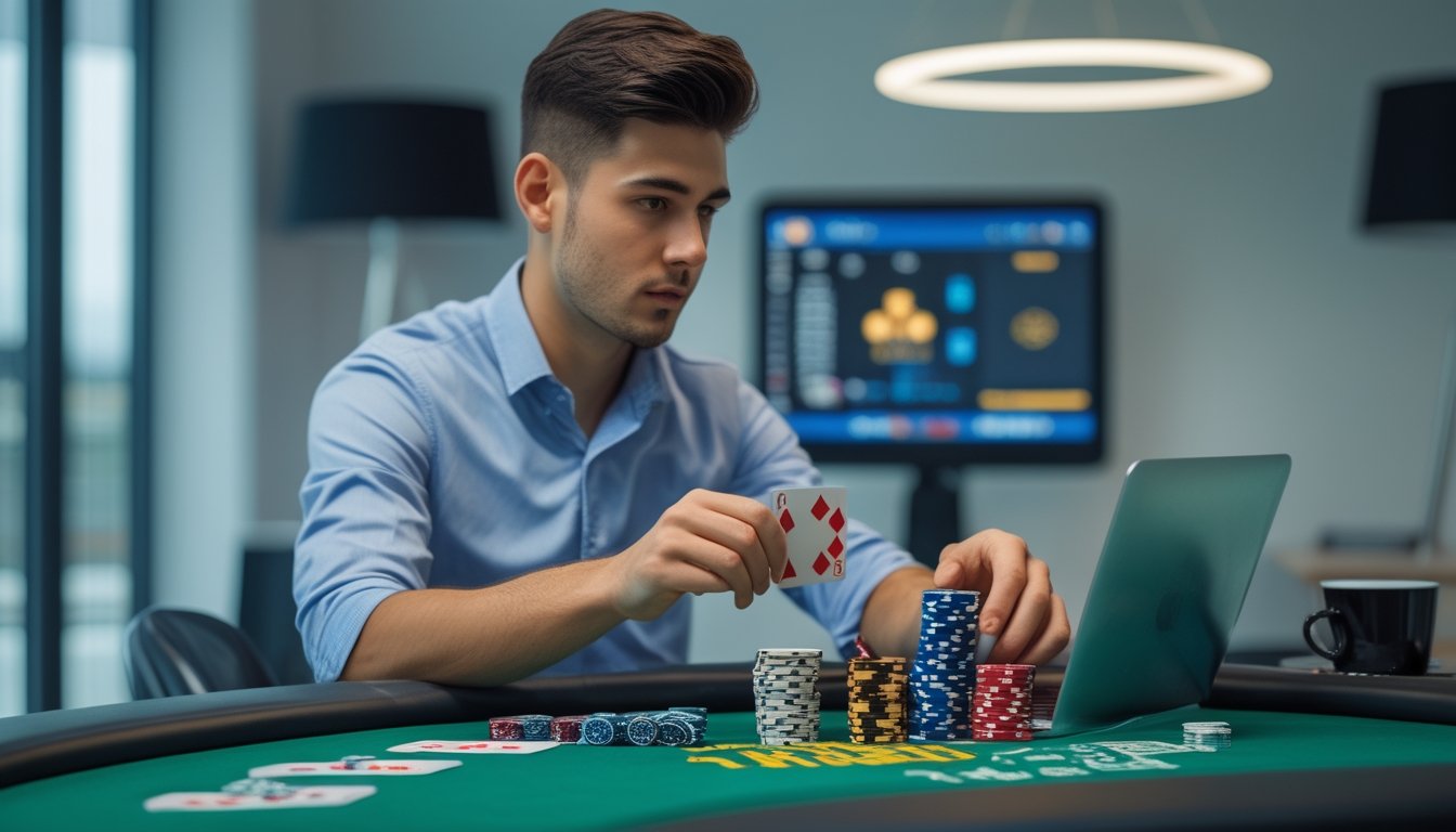 Seorang pria muda duduk di meja poker dengan tumpukan chip dan kartu, sambil melihat layar laptop yang menampilkan permainan poker online.
