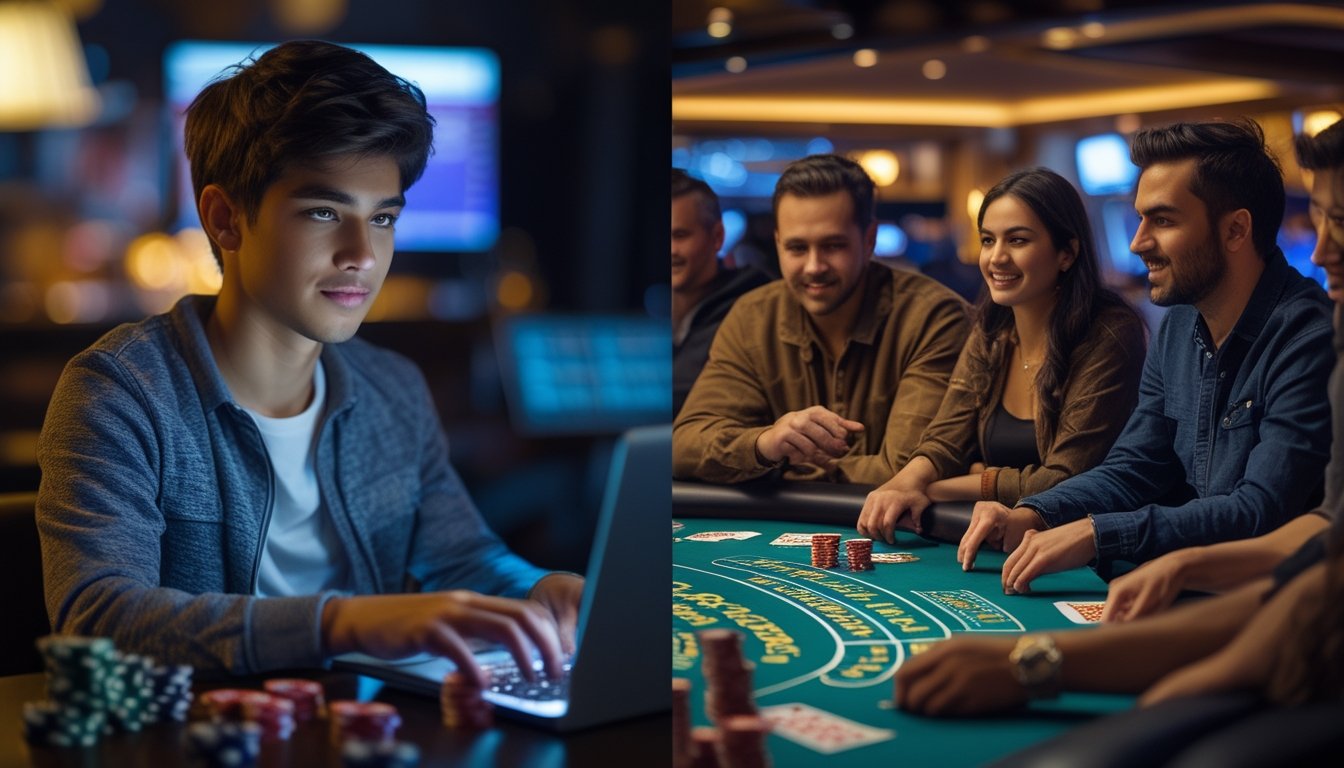 Seorang pemain poker menggunakan laptop di rumah di sebelah kiri, dan sekelompok orang bermain poker di meja kasino di sebelah kanan.