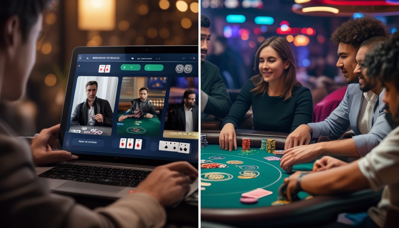Seorang pemain poker sedang bermain di laptop di rumah di sebelah kiri, dan sekelompok orang bermain poker di meja kasino di sebelah kanan.