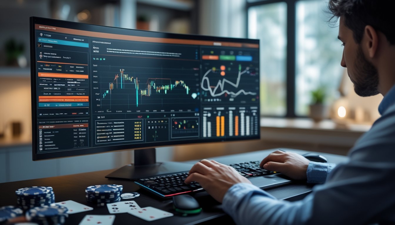 Seorang pemain poker fokus menganalisis data permainan poker online di depan layar komputer dengan kartu dan chip poker di meja.