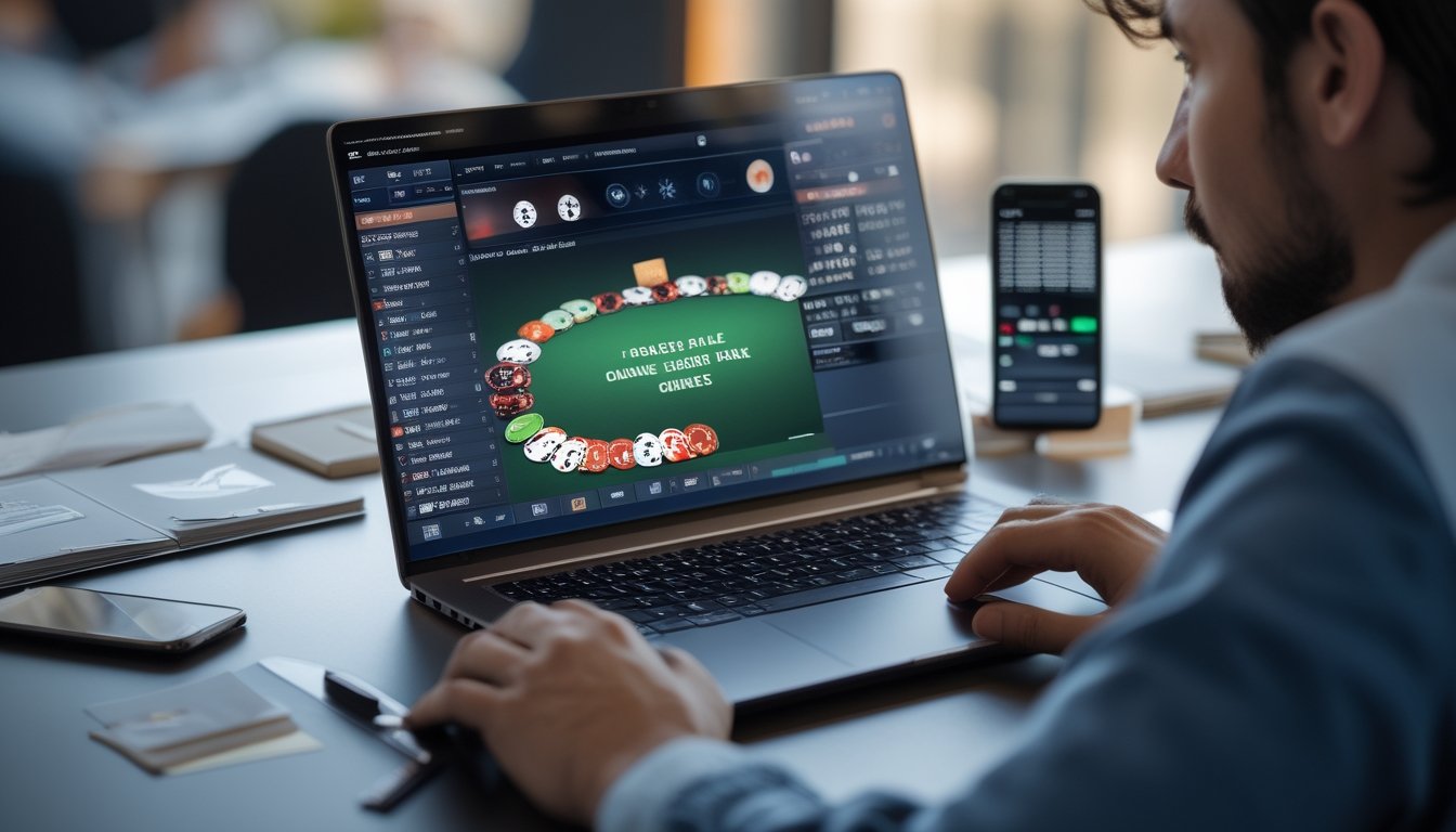 Seorang pemain poker online sedang fokus menganalisis pola permainan lawan di depan laptop dengan chip poker dan kartu terlihat di layar.