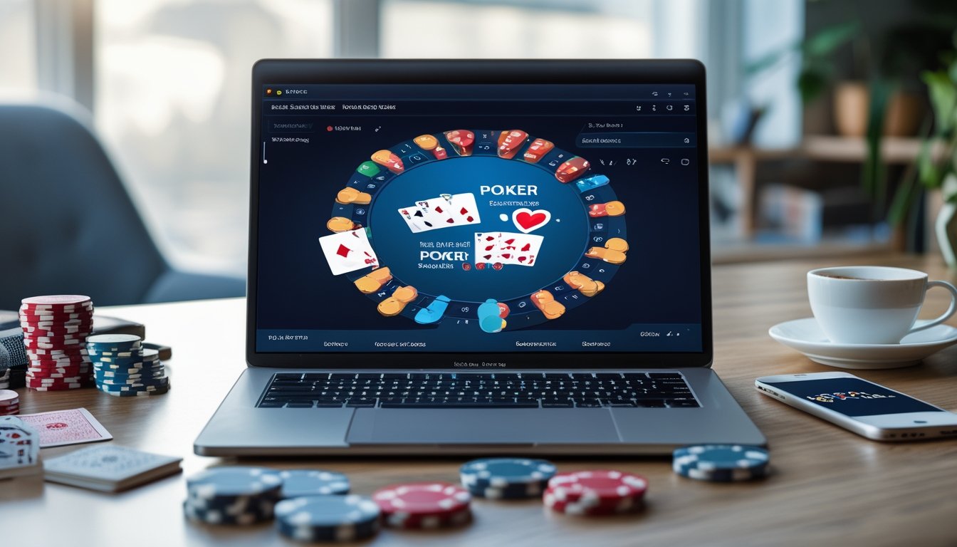 Sebuah meja dengan laptop yang menampilkan permainan poker online, dikelilingi oleh chip poker, kartu remi, dan ponsel dalam ruangan yang terang dan nyaman.