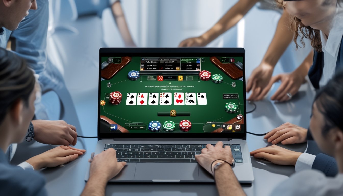 Beberapa orang sedang bermain poker online di depan komputer dengan chip dan kartu poker terlihat di layar.