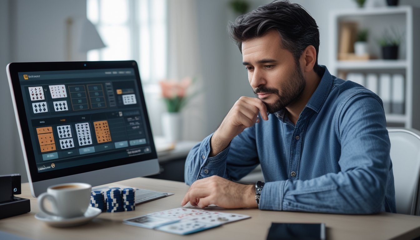 Seorang pria dewasa duduk di meja dengan laptop yang menampilkan permainan poker, dikelilingi chip poker dan alat tulis, tampak fokus dan serius dalam suasana ruang kerja yang rapi.